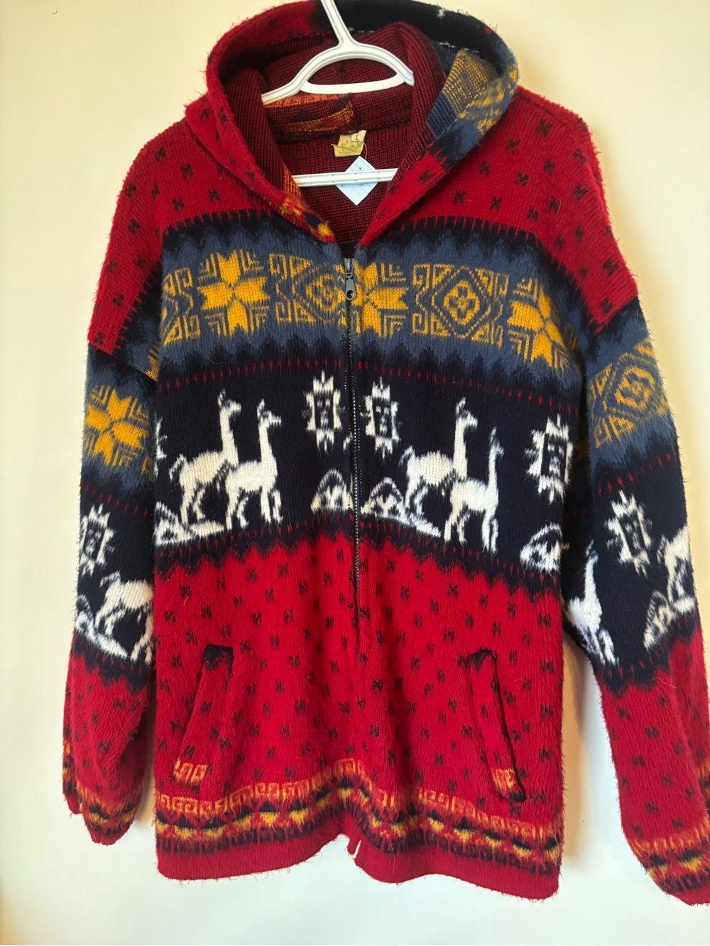 Red Alpaca Motif Hooded Zip wool Sweater